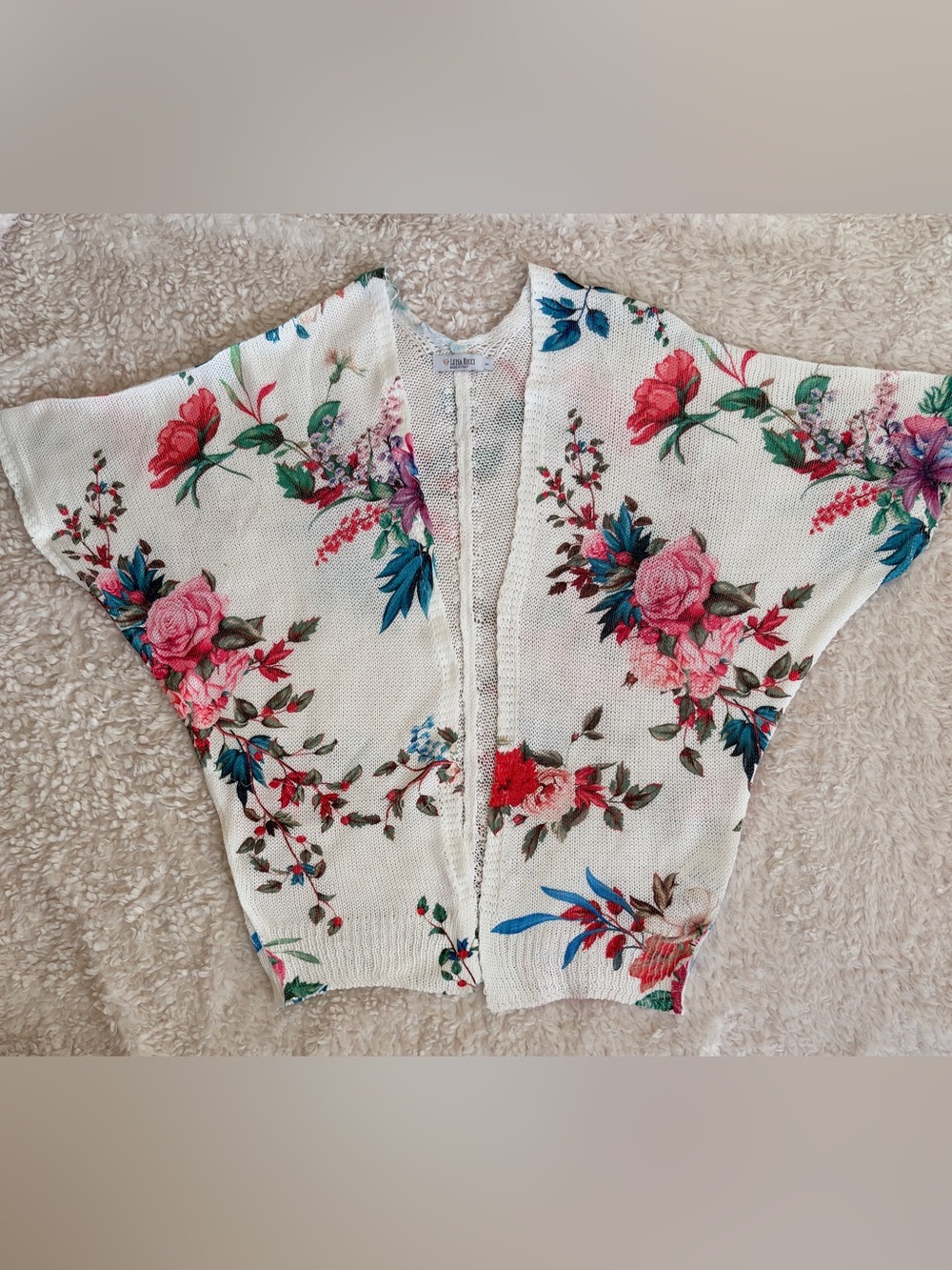 Luisa Ricci Summer Cardigan White Pink Blue Floral Print Women’s Size Small